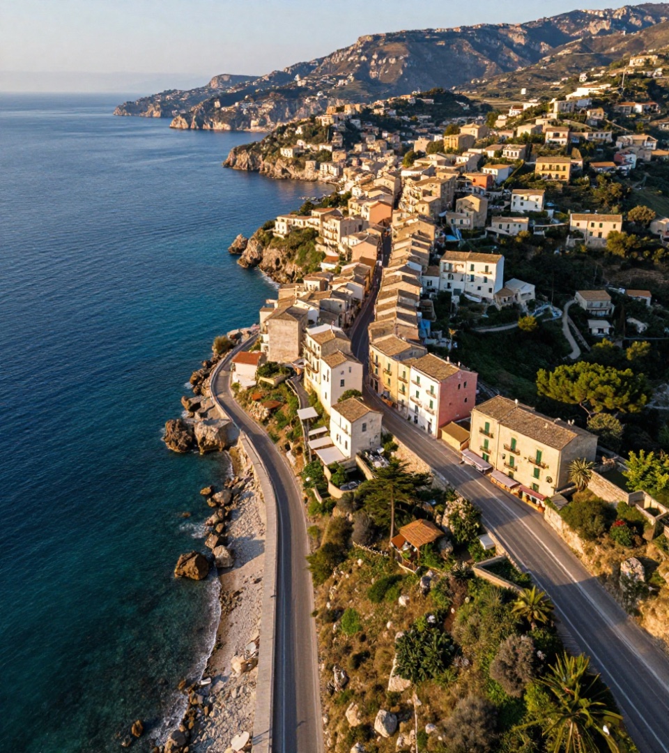 Aerial view of the Maratea coast — houses and a winding road above the cobalt-blue sea